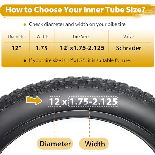 2 Pack 12 Inch Bike Tube AV32mm Schrader Valve, Bicycle Inner Tube with 2 Tire Levers Fit 12 x 1.75/1.9/1.95/2.0/2.1/2.125, Butyl Rubber Inner Tube for Kids/Mountain/MTB Bike