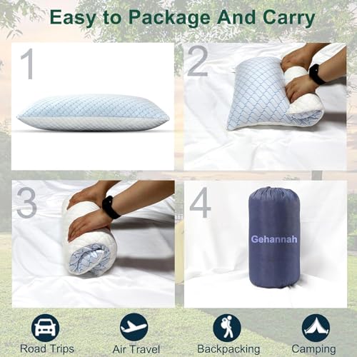 Gehannah Travel Pillow - Large Size Compressible Camping Pillow for Sleeping, Shredded Memory Foam Pillow with Storage Bag Compact Supportive, Pillow for Adults Kids Outdoor Backpacking Hiking Gear