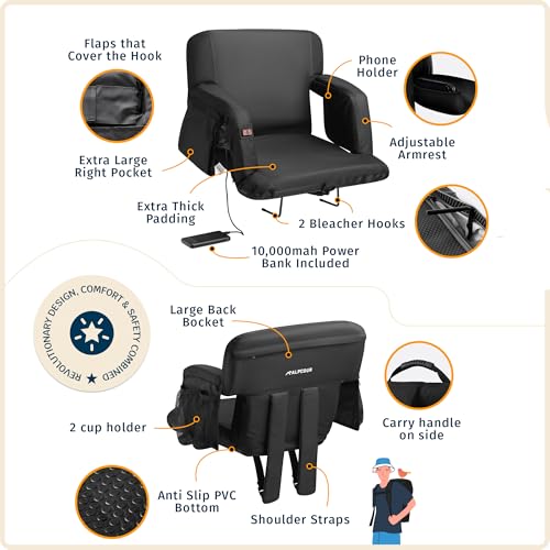 Alpcour Heated Massage Reclining Stadium Seat for Bleachers – Wide Bleacher Chair with Back Support and Cushion, Armrests, Large Pockets, and Multiple Safety Features – Best Stadium Seats Chairs