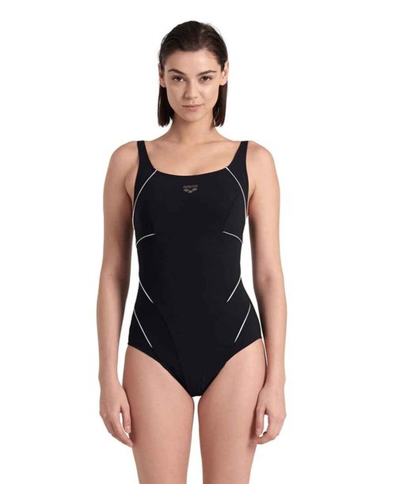 ARENA Women’s Jewel Shapewear One Piece Swimsuit Wing Back B Cup Built in Bra Ladies Bathing Suit Shaping Tummy Control Swimwear, Black/White, Size 46