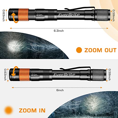 EverBrite Rechargeable Pen Light, 300 Lumens EDC Flashlight, Zoomable LED Pocket Flashlight with Clip, Memory Function and USB C Cable Included, for Camping, Emergency, Black