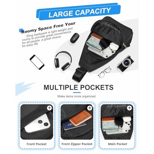 Small Black Sling Crossbody Bag for Men Women, Shoulder Daypack Mini Anti-Theft Cross Body Motorcycle Chest Bags, Small One Strap Fanny Back Pack for Casual Travel Hiking Sport Gym