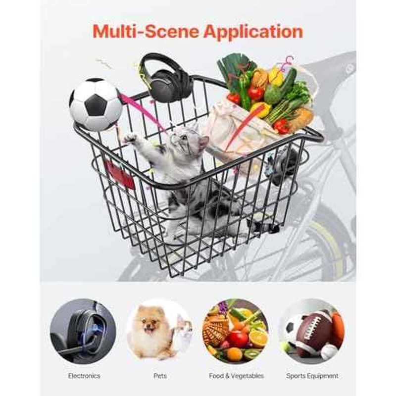 VEVOR Rear Bike Basket, Metal Wire Bicycle Basket with Reflective Tail Light & Waterproof Cover, Durable Bike Back Basket, Fits to Most Rear Bike Racks