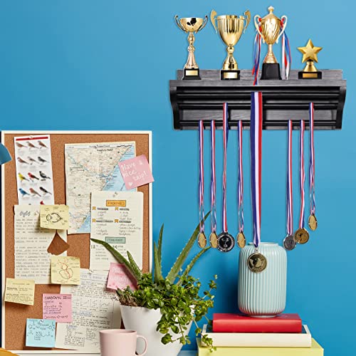 Pllieay Wooden Medal Hanger Display and Trophy Shelf, Black Medal Hanger Display with Shelf, Medal Holder, Medal Rack, Race Medal Trophy Display Shelf for Showing Your Hard-Earned Achievements