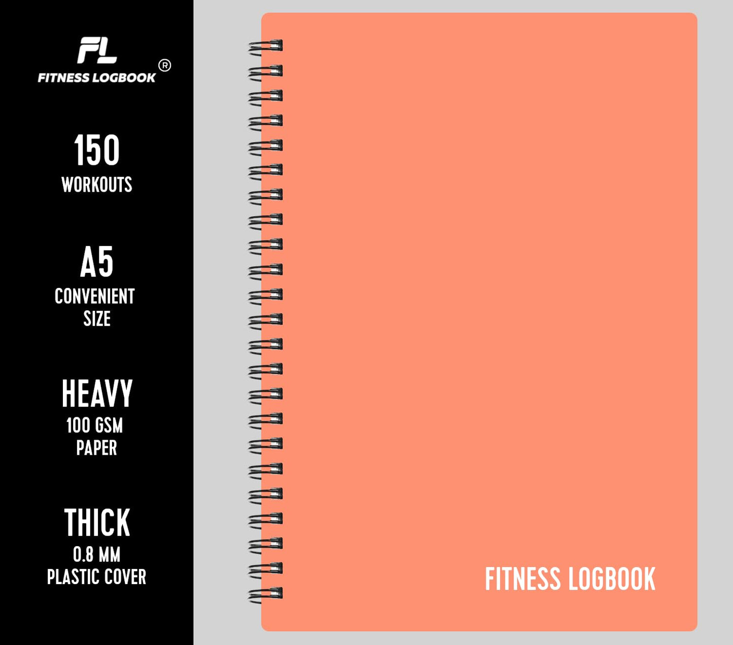 Fitness Logbook (Peach) - A5 Undated Workout Journal For Men & Women - Plastic Cover & Thick Paper - Planner Log Book To Track Weight Loss, Muscle Gain, Gym Exercise, Bodybuilding Progress