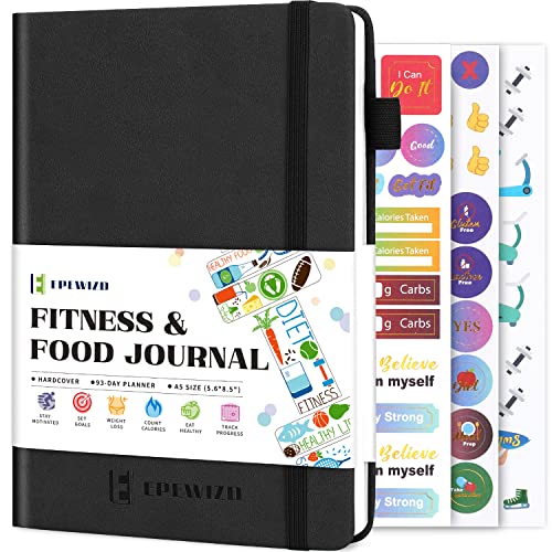 EPEWIZD Food and Fitness Journal Hardcover Wellness Planner Workout Journal for Women Men to Track Meal and Exercise Count Calories Weight Loss Diet Training Weight Loss Tracker Undated Home and Gym Accessories (3 Month)-Black