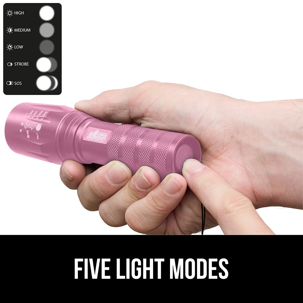 GORILLA GRIP Powerful LED 750 FT Water Resistant 5 Adjustable Mode Tactical Flashlight, High Lumens Ultra Bright Battery Zoom Flashlights, Small Camping Car Mini Flash Light Accessories, 2 Pack, Pink