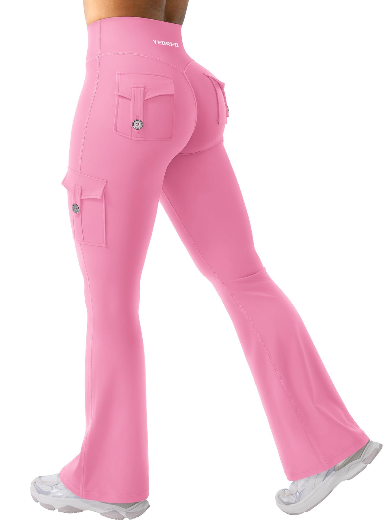 YEOREO CoreFlex Women Workout Flare Leggings with Pockets Hidden Scrunch High Waisted Cargo Gym Yoga No Front Seam Leggings Pink XL