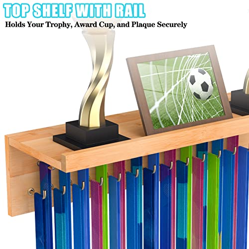 Purbambo Medal Hanger Display, Bamboo Trophy Shelf with 25 Steel Hooks, Wall Mount Ribbon Medals Holder for Gymnastics, Soccer, Running Race Awards