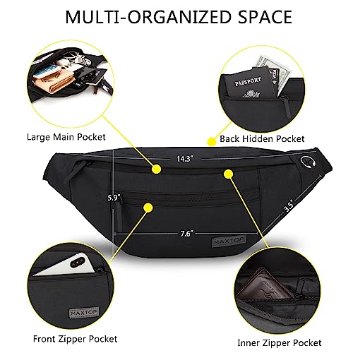 MAXTOP Large Crossbody Fanny Pack Belt Bag for Women Men with 4-Zipper Pockets Gifts for Enjoy Sports Yoga Festival Workout Traveling Running Hands-Free Wallets Waist Pack Phone Bag Fits All Phones