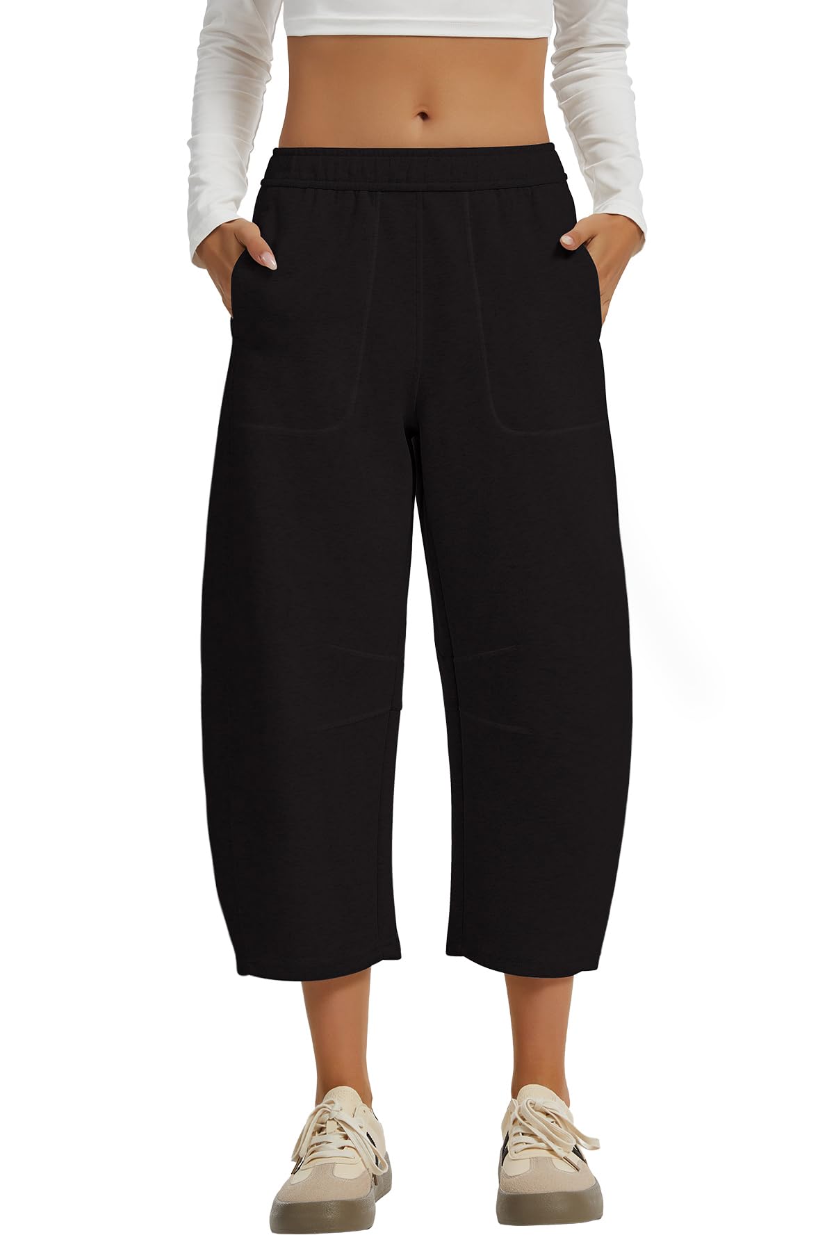 Leovqn Women's Barrel Cropped Sweatpants Drawstring Elastic Waisted Wide Leg Pants Casual Soft Baggy Capri Sweat Pants
