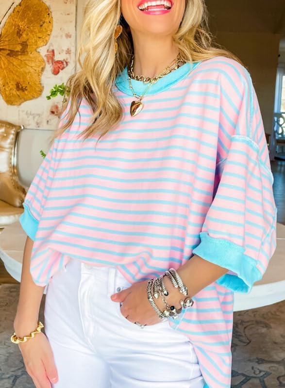 Casual Women's Short Sleeve Striped Sweatshirt | Comfortable Pullover T-Shirt Blouse