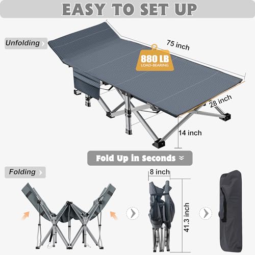 ABORON Folding Camping Cot W/Mat for Adults, Heavy Duty Outdoor Bed with Carry Bag,1200 D Layer Oxford Travel Camp Cots