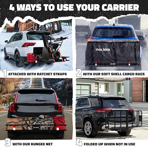 Mockins 60x20x6 Folding Cargo Carrier Hitch Mount Steel Rack 500lb Cap & 16 Cu Ft Soft Shell Waterproof Cargo Bag | Tow Hitch Cargo Basket, Hitch Tightener & Accessories |2" Receiver Cargo Trailer