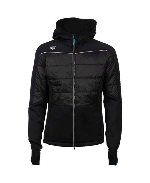 ARENA Team Unisex Half-Quilted Hooded Jacket Regular Fit Full Zip Side Pockets Insulated Panels Reflective Taping Athletic Sports Cold Weather Coat, Black, Large
