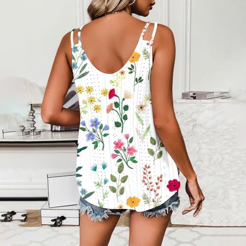 Generic Summer Tank Top for Women Spaghetti Strap Sleeveless Vacation Beach T Shirts Trendy Floral Eyelet Camisole Tops V Neck Dressy Casual Curved Hem Tunic Blouses, Large