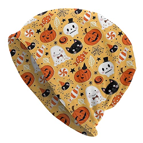 LAIPUTER Halloween Skull Pumpkin Beanie Standard Closed Chemo Hat Cancer Headwear Knitted Hats Baggy Slouchy Cap for Adults Women Men