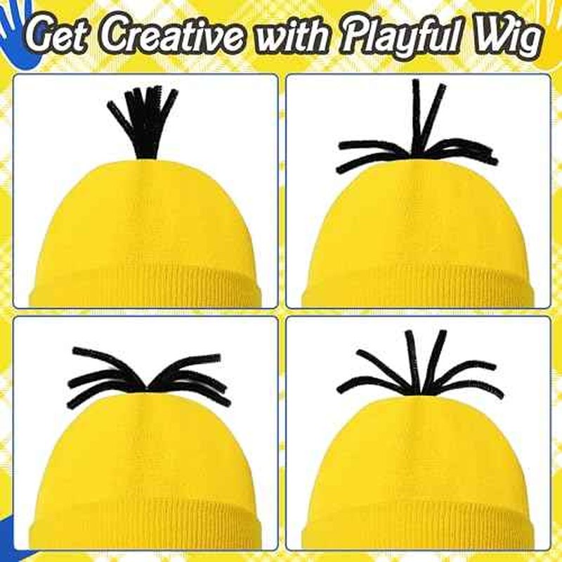 4 Pcs Halloween Yellow Costume Accessories for Adult, Yellow Beanie Hats, Goggles Glasses, Elastic Black Gloves for Halloween Dress Up Men Women Cosplay Party