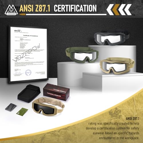 VOZAPOW Airsoft Goggles Anti Fog with ANSI Z87.1 Certified, Safety Goggles Impact Resistant, Tactical Shooting Glasses