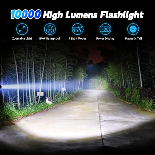 Flashlights High Lumens Rechargeable, 10000 LM High Powerful LED Flash Lights Super Bright Flashlight,IPX6 Waterproof 7 Modes Zoomable for Emergencies,Camping,Home