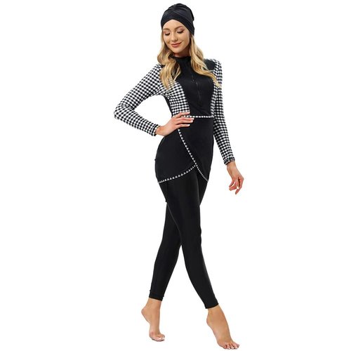 Womens Muslim Islamic Long Sleeves Burkini Swimsuits Swimwear Modest Hijab Burkini Top+Pants Rashguard Swimming Costume Bathing Suit Sport Beachwear Surfing Outfit for Girls Black+White Plaid 2XL