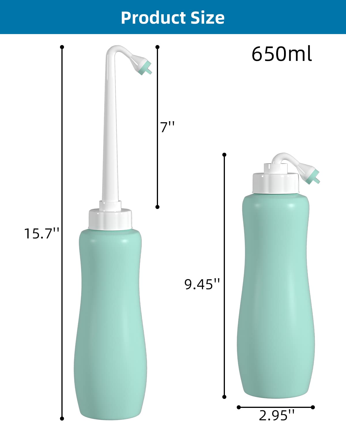 2 Pack Travel Bidet Bottle, Portable Bidet Sprayer Hand held Bidet 650ml for Personal Hygiene Care, On-the-Go Travel Bag Extra Long Pointed Nozzle Spray for Women, Baby and Elderly-Green Bottle