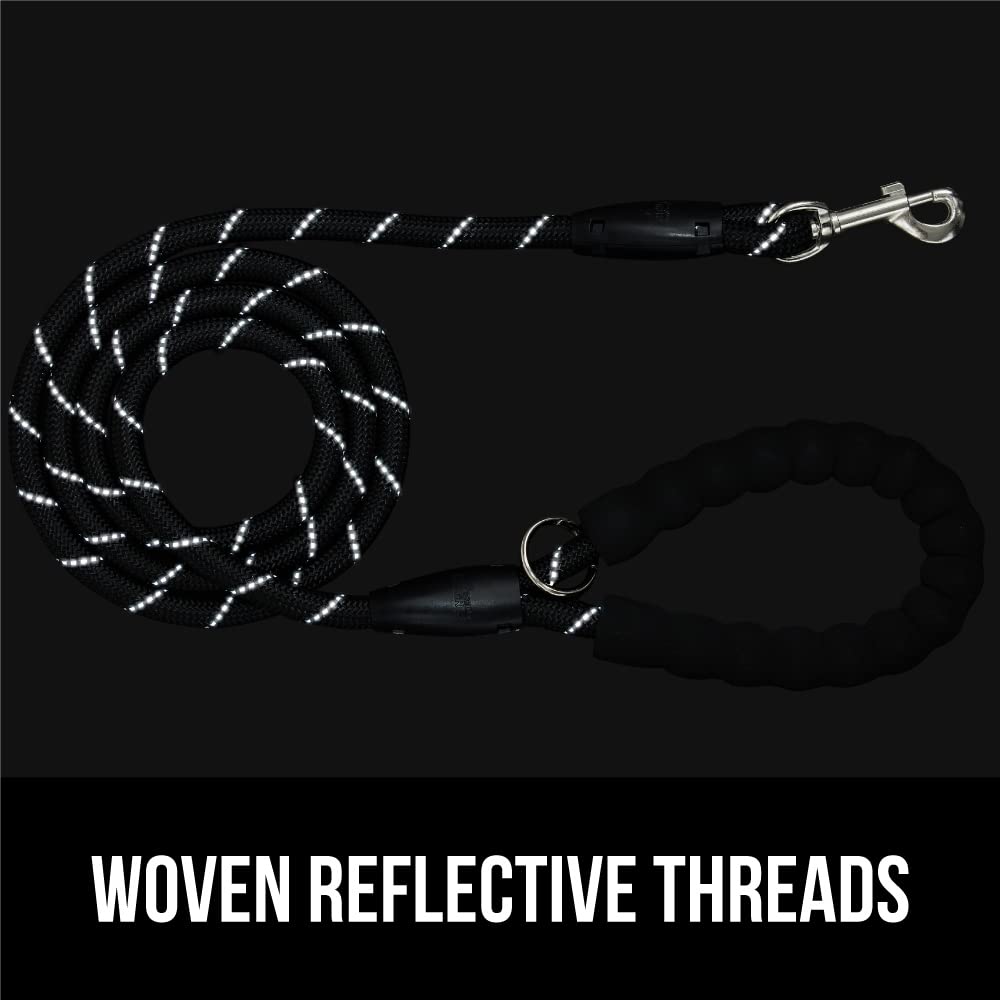 GORILLA GRIP Dog Leash, Heavy Duty Reflective Rope Leashes for 33lb Dogs, Cats, Small Animals, Puppy Training Essential for Walks, Hikes, Soft Handle, Rotating Metal Clip, Waste Bag Dispenser, Black