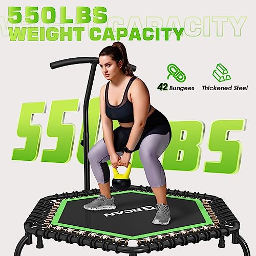 BCAN 48" Mini Trampoline, 550 LBS Fitness Trampoline with T-Adjustable Handle Bar, Bungees, Stable & Quiet Exercise Rebounder for Kids Adults Indoor/Garden Workout-Green