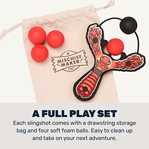 Mighty Fun! - Mischief Maker® Wooden Slingshot - Lil’ Monster Series - Real Wood Slingshot for Kids, 4 Soft Foam Balls and Storage Bag - Ages 4+ (red)