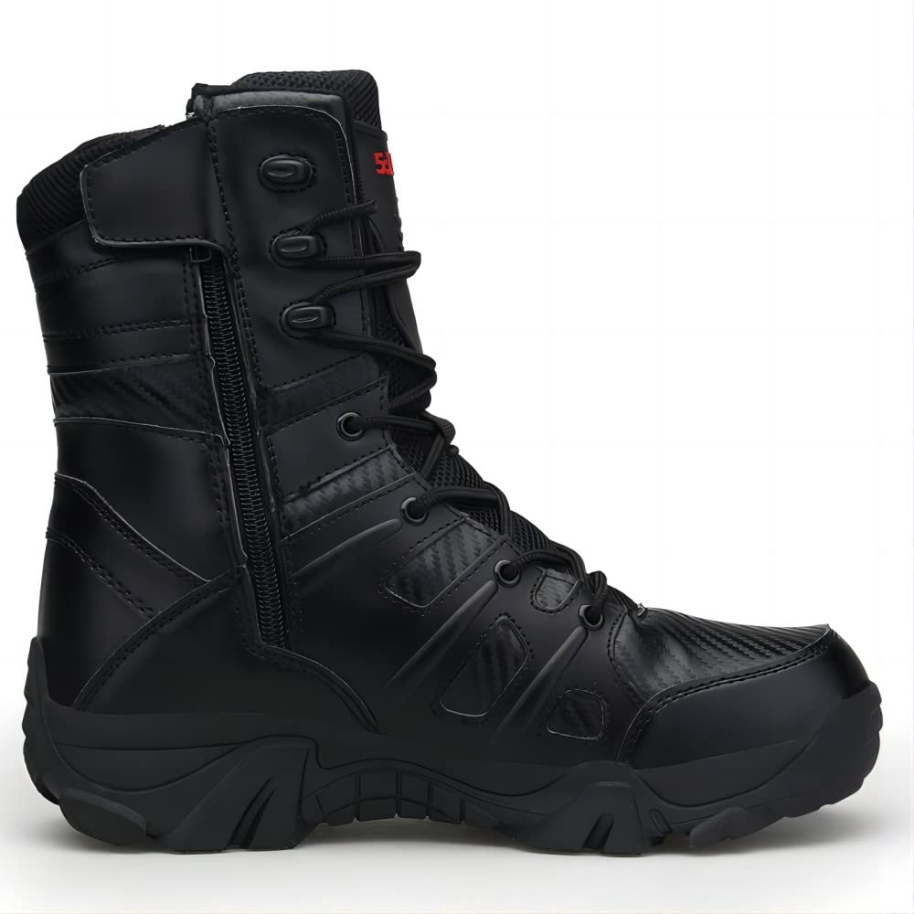 BORAMAX Men's Hiking Shoes Stealth Force Waterproof Black Tactical Boots, Men Leather Side Zip Military Combat Desert Boots