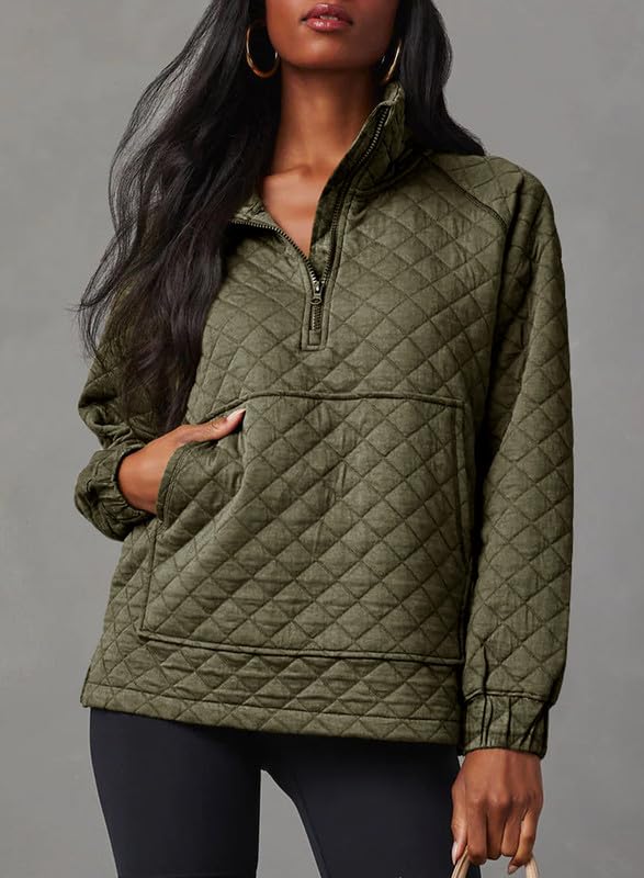 Dokotoo Oversized Sweatshirt for Women Half Zip Pullover Sweatshirt Quarter Zip Hoodies Sweaters Casual Long Sleeve Quilted Jackets Outwear 2024 Green Sweatshirts Tops with Pockets Winter Clothes XXL