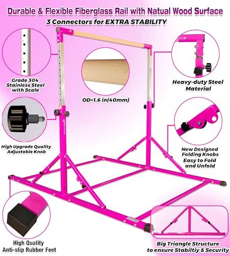 PreGymnastic Foldable Gymnastics Bar, 6FT Gymnastic Horizontal Bars, Folding Training Bar for Kids and Teenagers 3-18, Weight Limit 500 LB, Adjustable kip Bar,Children Home Gym Equipment Indoor