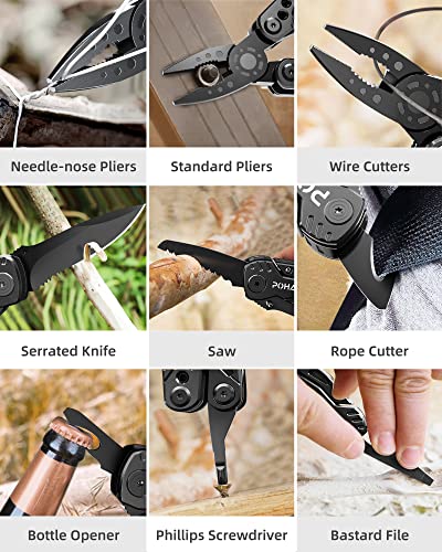 Pohaku Multitool Knife, Pohaku 13 in 1 Pocket Multitool, Multi Tool with 3" Large Blade, Safety Locking Design, Spring-Action Plier, Durable Nylon Sheath for Outdoor, Camping, Fishing, Survival,Hiking