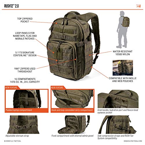 5.11 Tactical Backpack – Rush 12 2.0 – Military Molle Pack, CCW with Multiple Compartments, 24 Liter, Small, Style 56562, Multicam