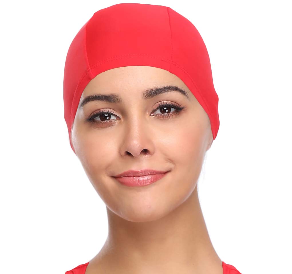 SHEKINI Womens Sports Nylon Spandex Fabric Swimming Cap Bathing Cap Head Cover (Rose Red)