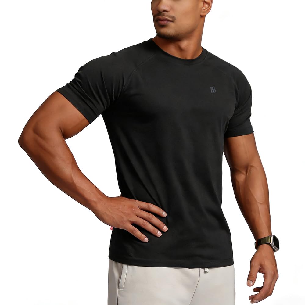 BVSN Casual Short Sleeve Crew Neck Classic Wicking Breathable Fitness Muscle Athletic T Shirts Men (US, Alpha, Large, Regular, Black)