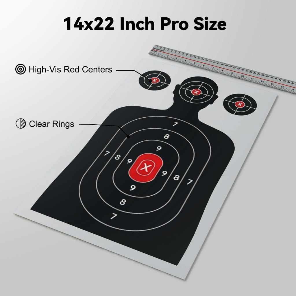 Silhouette Paper Shooting Targets - 50-Pack 14x22 Inch Red Bullseye for Handgun, Pistol, Rifle & Airsoft - Durable Crease-Resistant Design