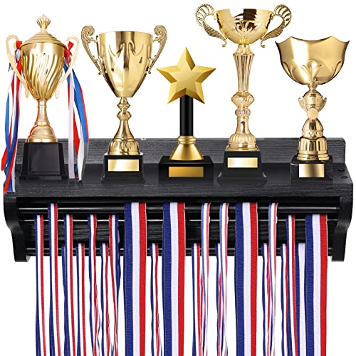 Pllieay Wooden Medal Hanger Display and Trophy Shelf, Black Medal Hanger Display with Shelf, Medal Holder, Medal Rack, Race Medal Trophy Display Shelf for Showing Your Hard-Earned Achievements