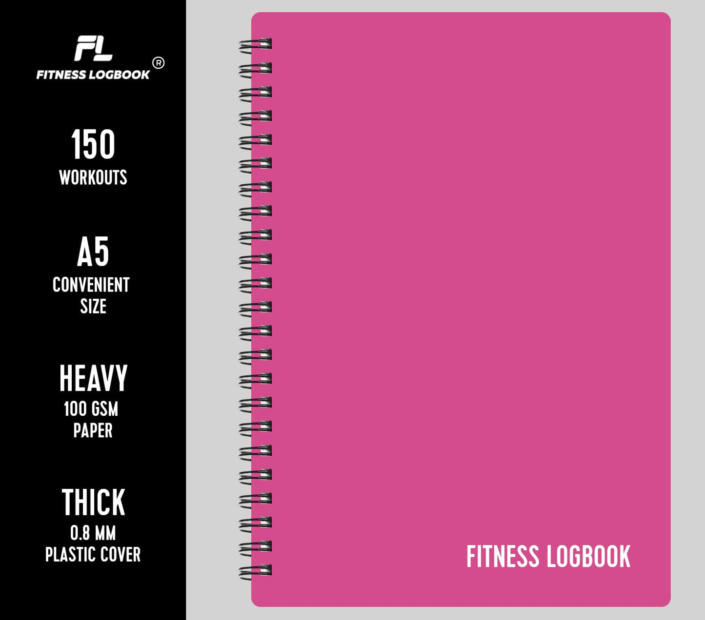 Fitness Logbook (Pink) - A5 Undated Workout Journal For Men & Women - Plastic Cover & Thick Paper - Planner Log Book To Track Weight Loss, Muscle Gain, Gym Exercise, Bodybuilding Progress