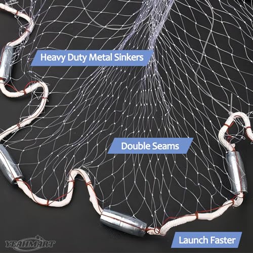 Yeahmart Handmade American Saltwater Fishing Cast Net with Heavy Duty Real Zinc Sinker Weights for Bait Trap Fish 3Ft Radius, 3/8 Inch Mesh Size