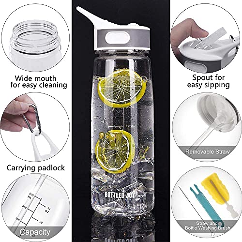 Louis Donné Water Bottle with Straw, 28oz Sports Water Bottle with Time Marker and Tritan, BPA Free and Leakproof, For Bottled Joy Sports Jug, Water Bottle with Carabiner For Fitness, Yoga - Clear