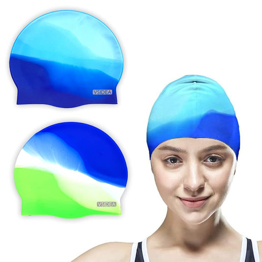 Vsidea Swim Cap Adult (2Pack), Comfortable Silicone Swimming Cap Man Women, Durable Non-Slip Waterproof with Multi Color Bright Cap for Adult Youths