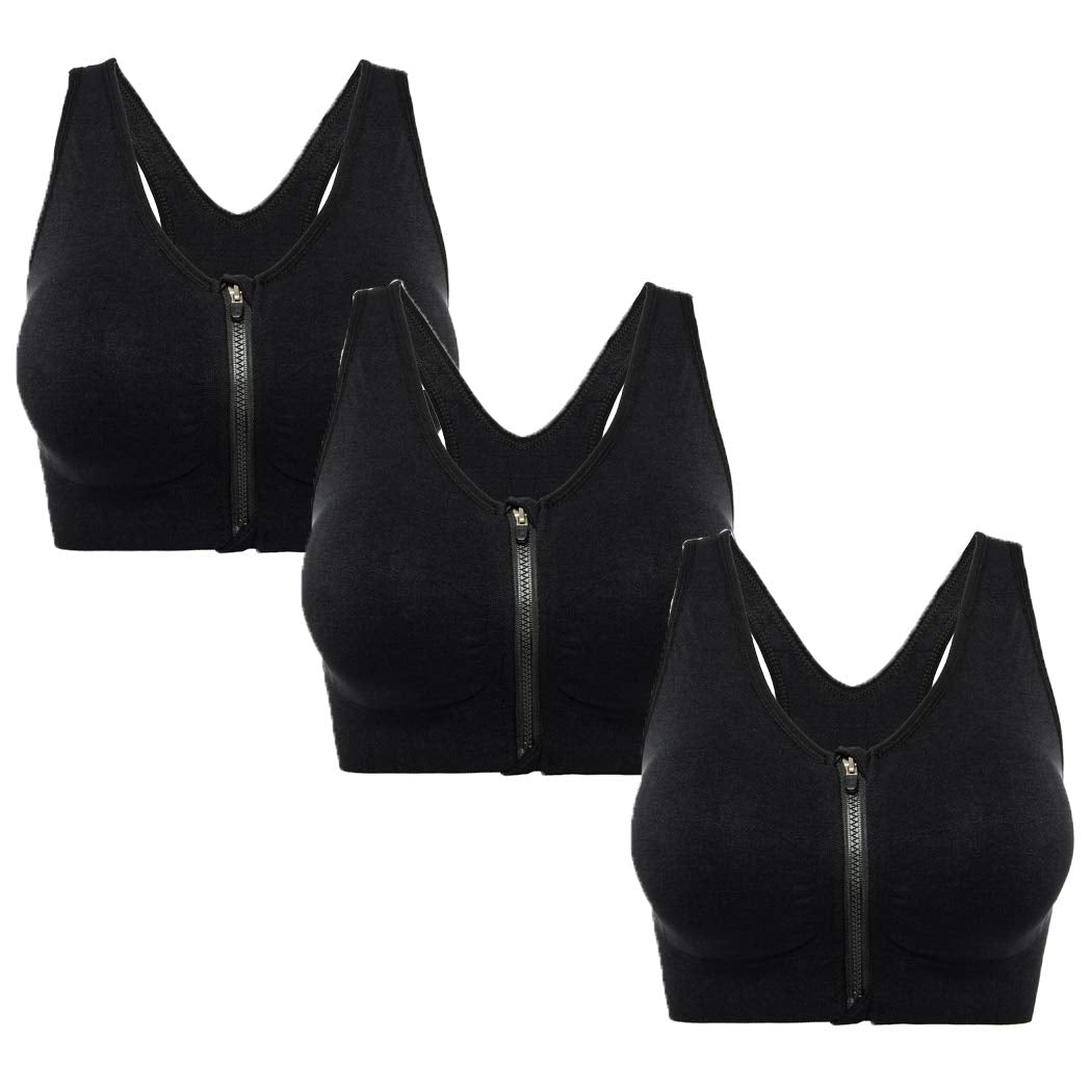 Women's Wireless Post-Surgery Zip Front Sports Bra | Medium Support Yoga Activewear Bra for Workout Recovery