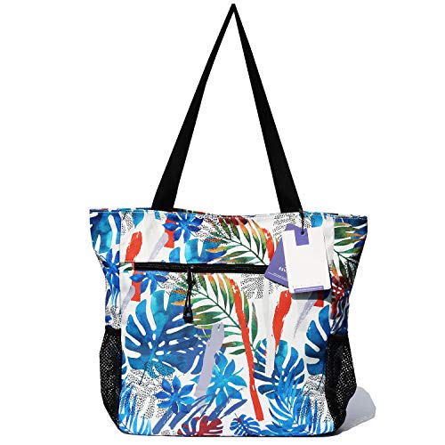 ESVAN Original Floral Water Resistant Tote Bag Large Shoulder Bag with Multi Pockets for Gym Hiking Picnic Travel Beach Daily Bags (Colorful Leaf)