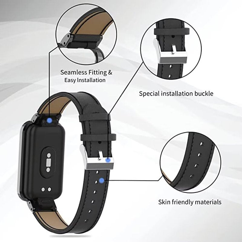 T-BLUER Bands Compatible with Xiaomi Smart Band 9 Active/Redmi Band 3,Leather Replacement Band Bracelet Strap Accessories with Metal Frame for Redmi Band 3 Woman Man Black