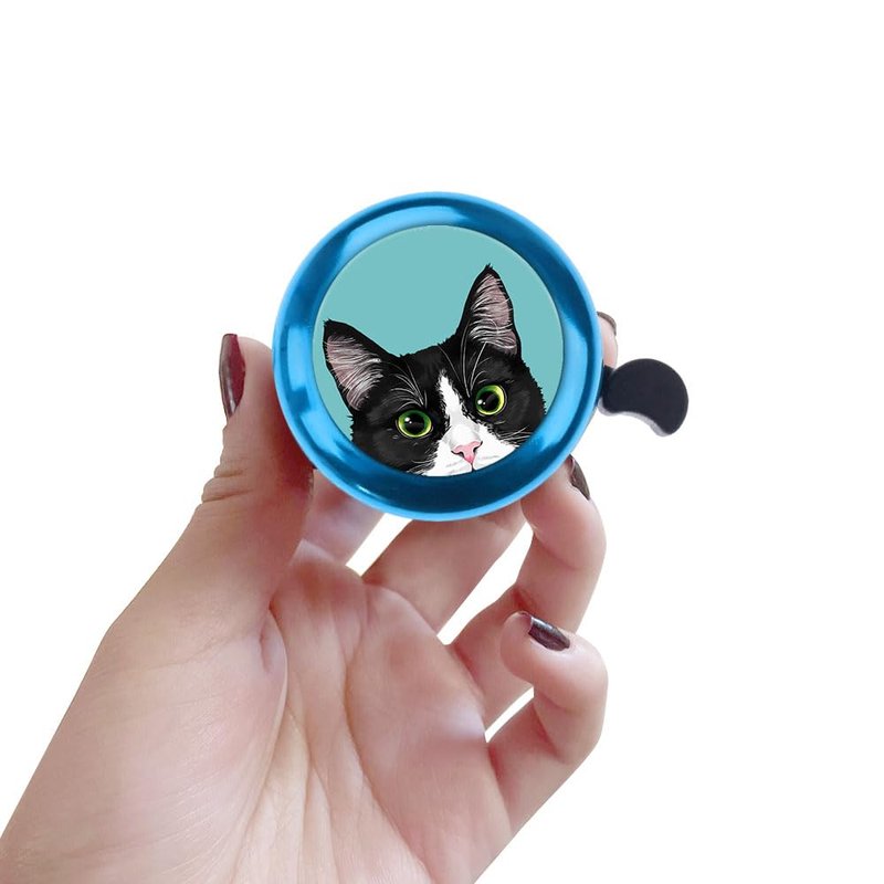 WIRESTER Blue Aluminum Round Bike Bell, Classic Ring Bicycle Bell, Bike Accessories Bell Ring for Adults Kids Girls Boys - Black White Tuxedo Cat