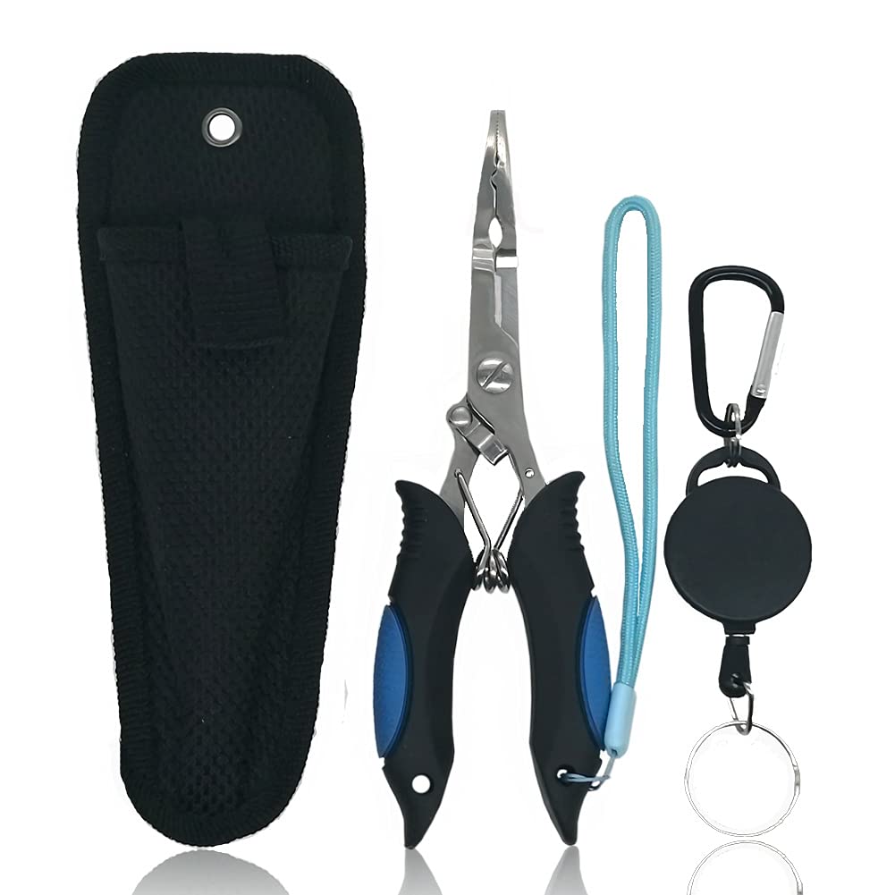 Amoygoog Stainless Steel Fishing Pliers - Needle Nose Plier for Cutting Fishing Line, Multitool Pliers with Sheath and Telescopic Lanyard | Fishing Tools