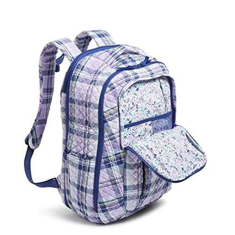 Vera Bradley Women's Cotton Large Travel Backpack Travel Bag, Amethyst Plaid - Recycled Cotton, One Size