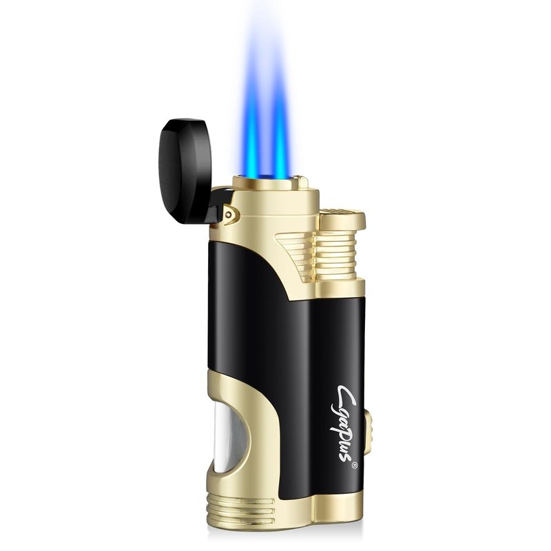 GUEVARA Cigar Butane Torch Lighter with Punch Windproof Double Jet Lighters (Black-Gold)