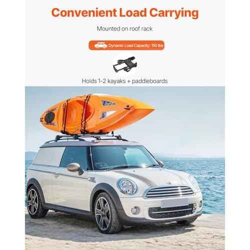 VEVOR Kayak Roof Rack 1 Pair J-Bar, Folding Soft Roof Rack with 4 Pcs Tie Down Straps, Top Mount Tie Down, Carrier for Kayak Surf Board Canoe SUP Ski Board, Mount on Car SUV Truck 2 Kayaks Crossbar